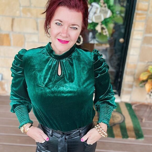 Green Velvet High Neck Blouse - Picture 1 of 4
